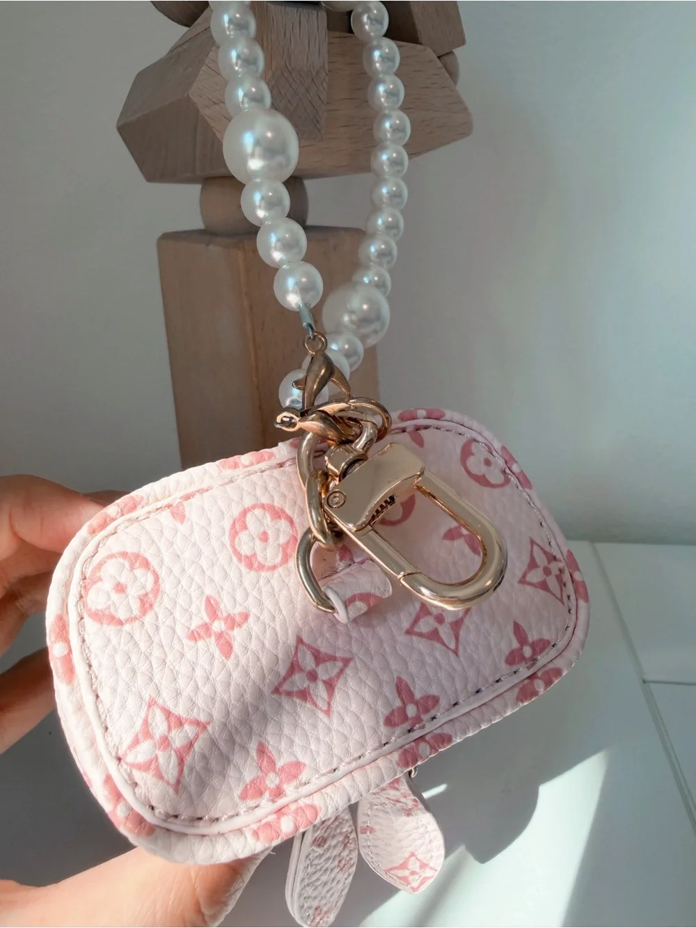 Pink Mini Cosmetic Pouch & Card Holder with Pearl Strap 🎀